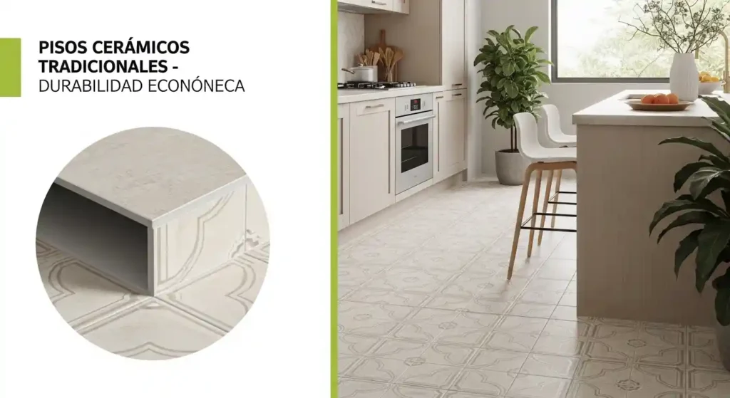 Piso cerámico tradicional en tonos beige instalado en una cocina moderna en clima tropical de Venezuela. Superficie resistente y de fácil mantenimiento, ideal para zonas de alto tráfico y humedad.