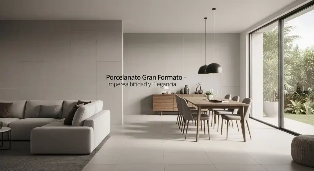 Piso de porcelanato gran formato en color gris claro mate instalado en un amplio salón comedor con luz natural en clima tropical de Venezuela. Aspecto monolítico, elegante y altamente resistente a la humedad.