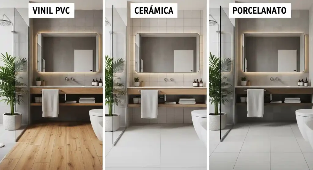 Comparativa visual de tres pisos en un mismo baño moderno tropical: piso vinil PVC con acabado madera (izquierda), piso cerámico tradicional (centro) y porcelanato gran formato (derecha). Muestra las diferencias de textura, juntas y apariencia en clima húmedo de Venezuela