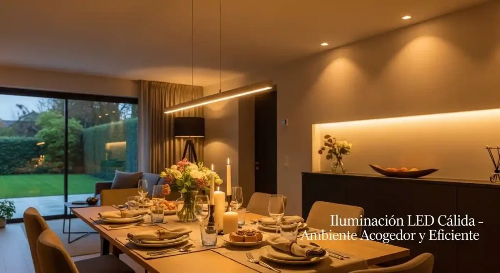 Comedor moderno elegantemente iluminado con iluminación LED cálida de 2700K. Luz suave y acogedora que resalta los colores naturales y crea un ambiente premium y confortable en un espacio de hogar contemporáneo.