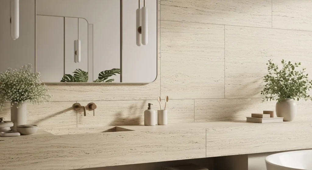 Madera clara con vetas visibles en sala moderna tropical 2026-2027