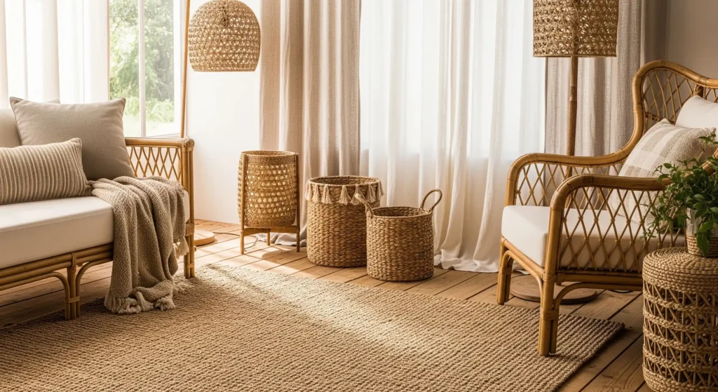 Fibras naturales yute y ratán en decoración tropical 2026-2027