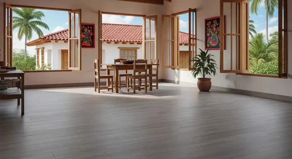 Piso vinil LVT con textura realista de madera en ambiente tropical venezolano. Confortable y resistente a la humedad.