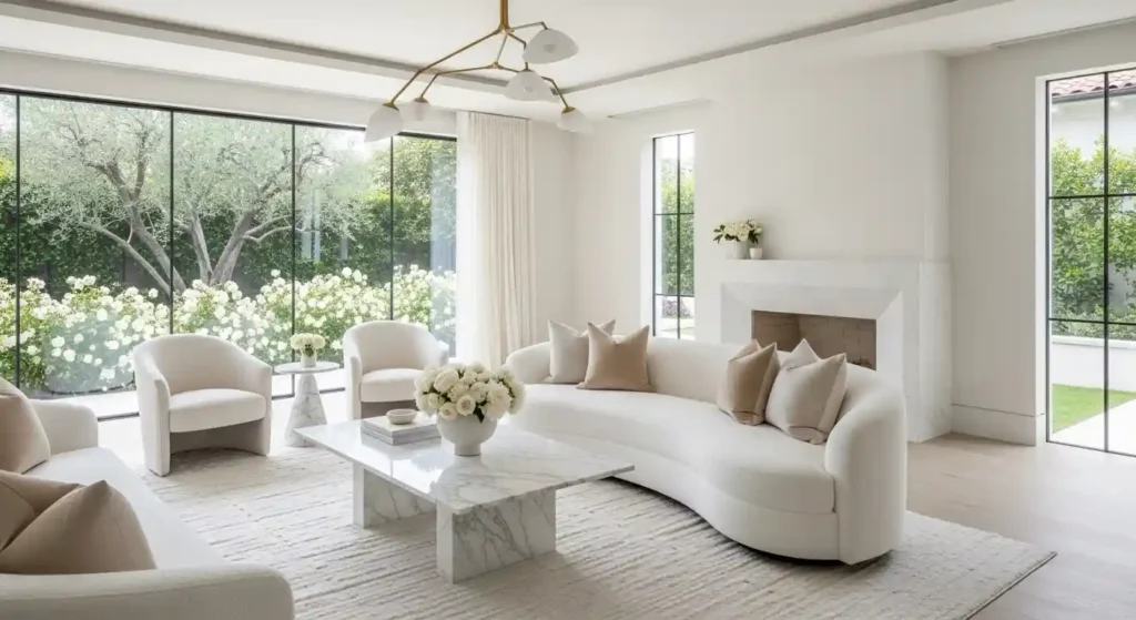 Remodelación Jennifer López, Sala de estar de lujo remodelada con diseño luminoso y ventanales al jardín.